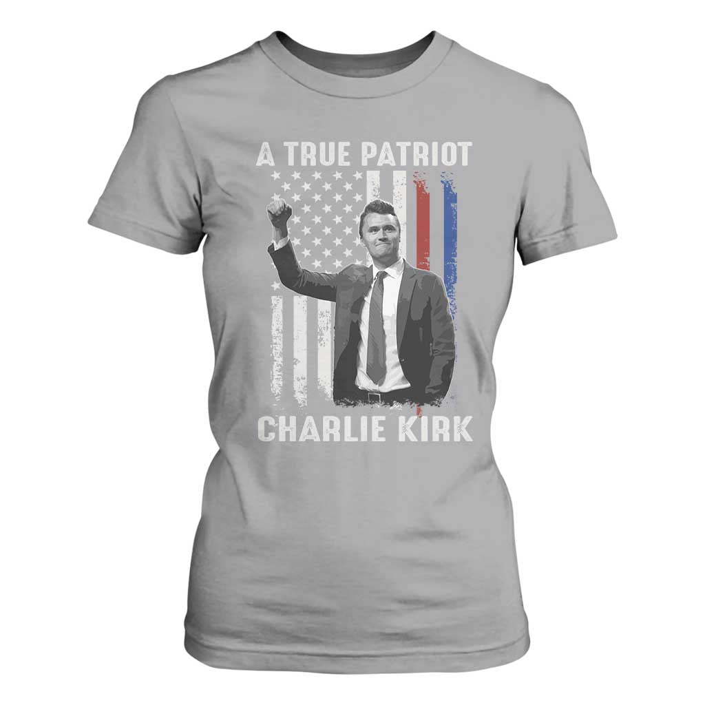 Charlie Kirk Tribute T Shirt For Women A True Patriot Freedom American Flag TS02 Sport Gray Print Your Wear