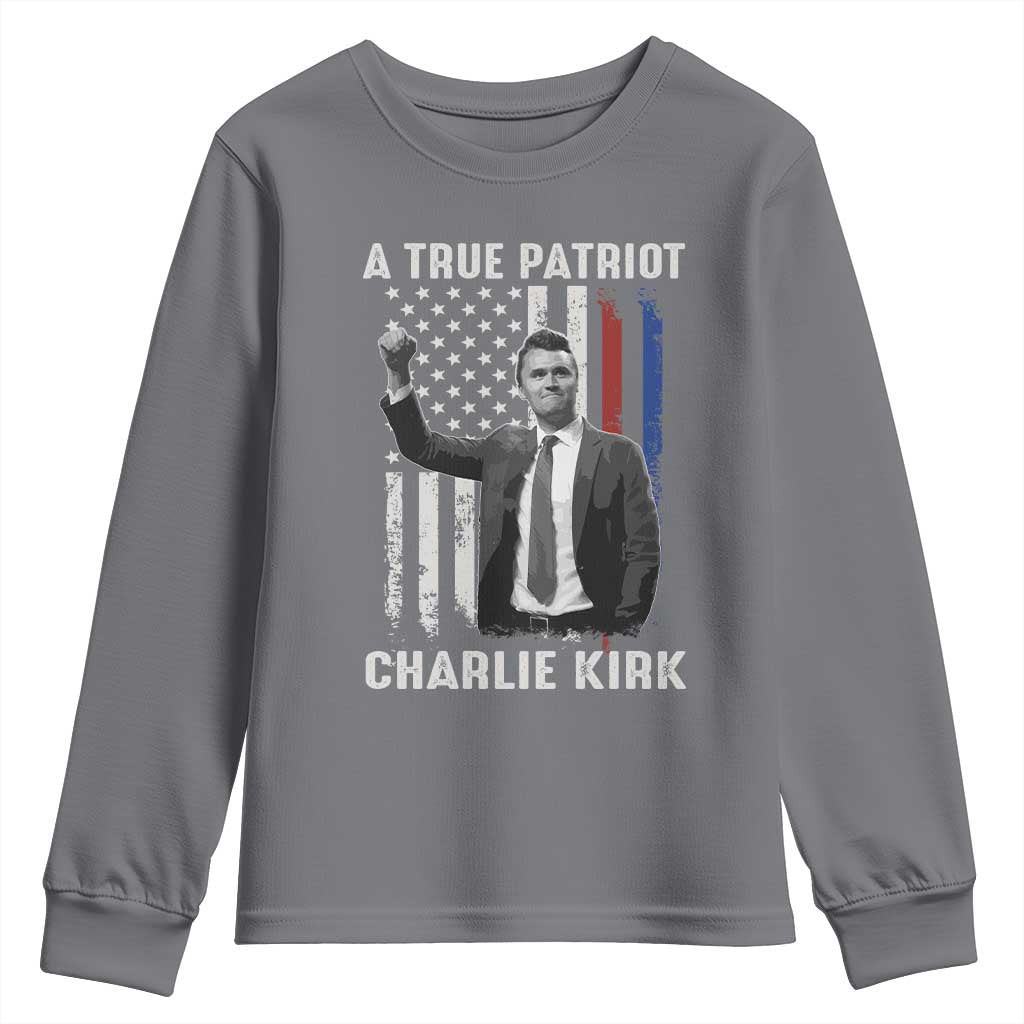 Charlie Kirk Tribute Youth Sweatshirt A True Patriot Freedom American Flag TS02 Charcoal Print Your Wear