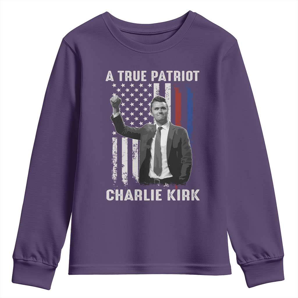 Charlie Kirk Tribute Youth Sweatshirt A True Patriot Freedom American Flag TS02 Purple Print Your Wear