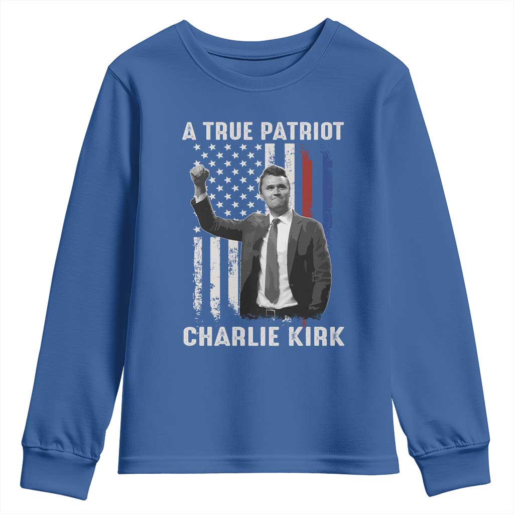 Charlie Kirk Tribute Youth Sweatshirt A True Patriot Freedom American Flag TS02 Royal Blue Print Your Wear