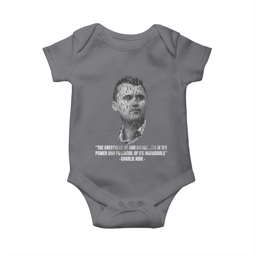 Charlie Kirk Legacy Baby Onesie Greatness of Our Nation American True Patriot TS02 Charcoal Print Your Wear