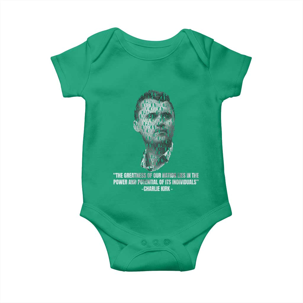 Charlie Kirk Legacy Baby Onesie Greatness of Our Nation American True Patriot TS02 Irish Green Print Your Wear