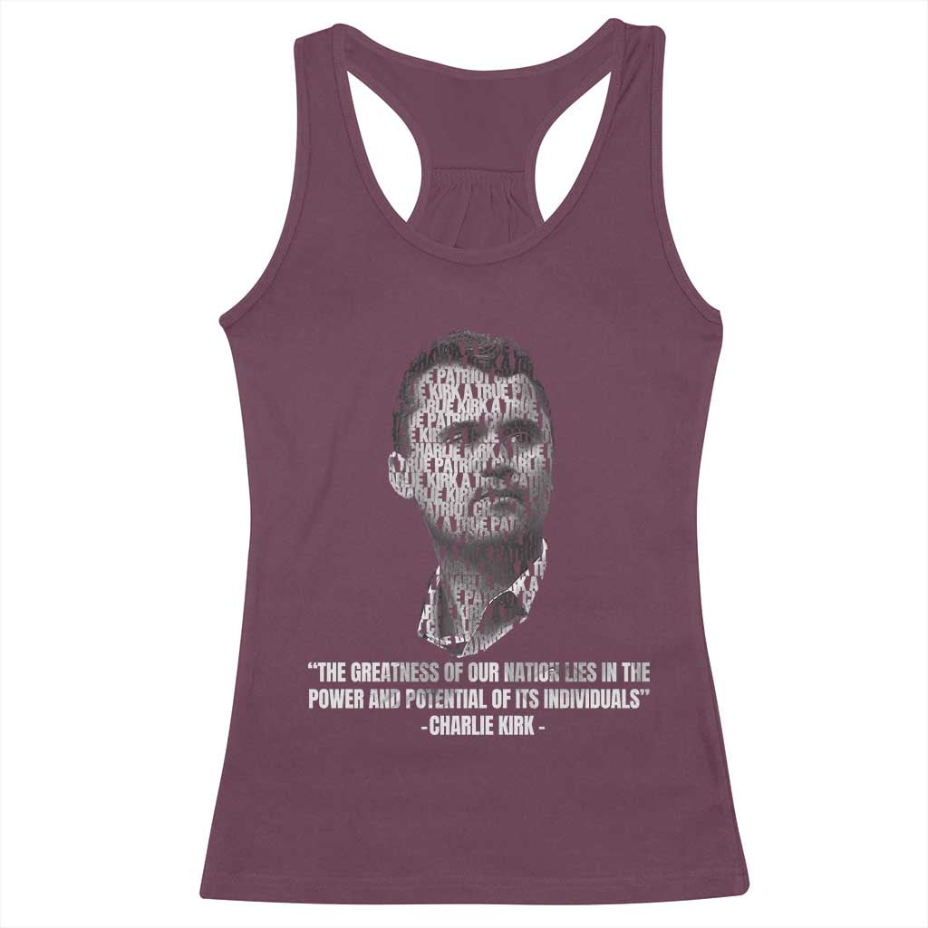 Charlie Kirk Legacy Racerback Tank Top Greatness of Our Nation American True Patriot TS02 Maroon Print Your Wear
