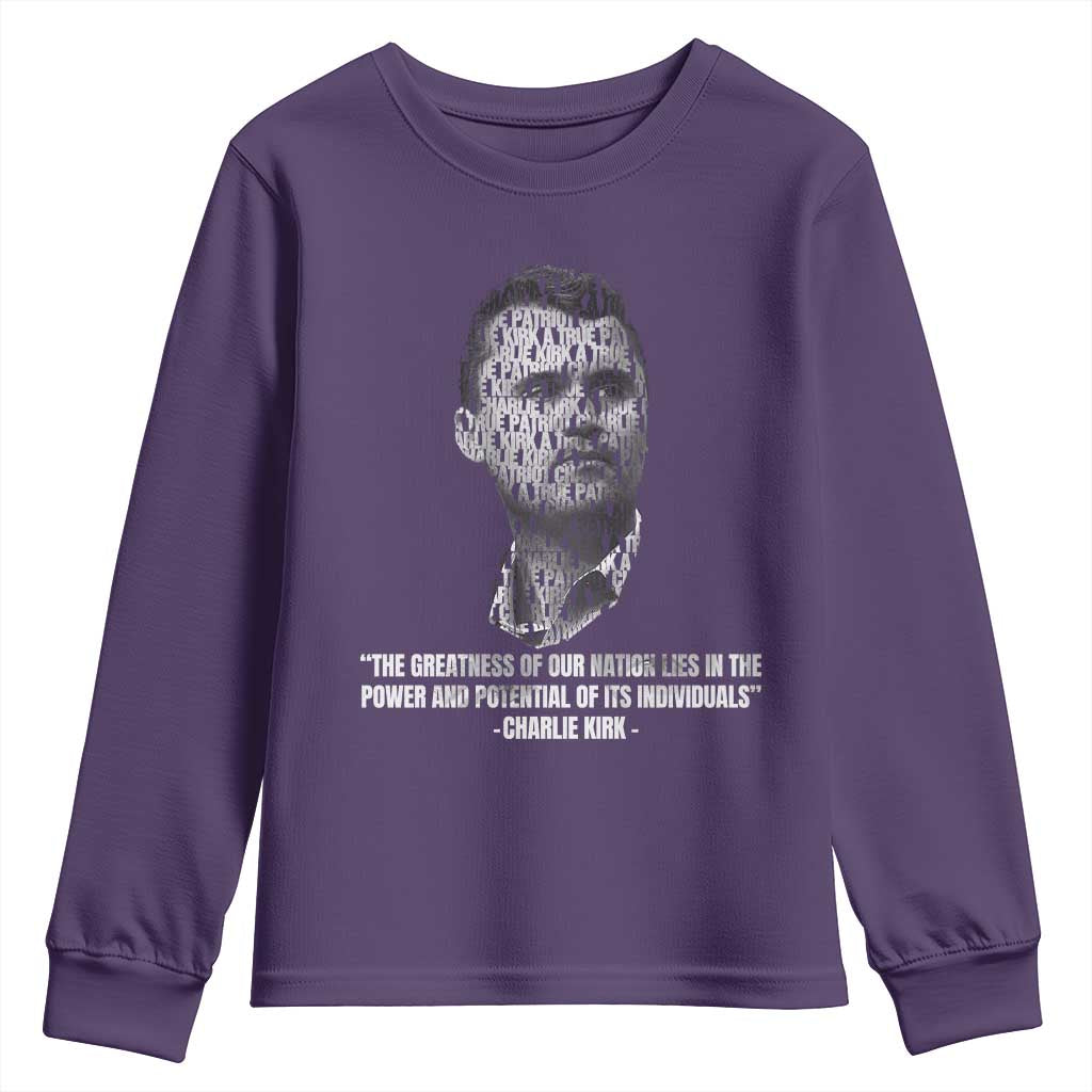 Charlie Kirk Legacy Youth Sweatshirt Greatness of Our Nation American True Patriot TS02 Purple Print Your Wear