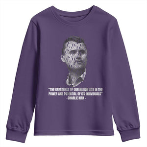 Charlie Kirk Legacy Youth Sweatshirt Greatness of Our Nation American True Patriot TS02 Purple Print Your Wear