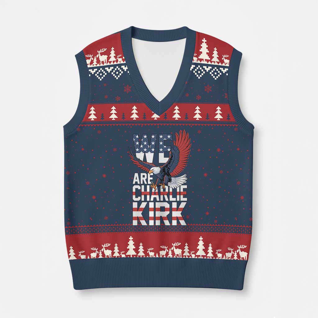 We Are Charlie Kirk Patriotic V-Neck Knit Sweater Vest United We Stand Strong and Honor American Eagle Graphic TS02 Navy Red Print Your Wear