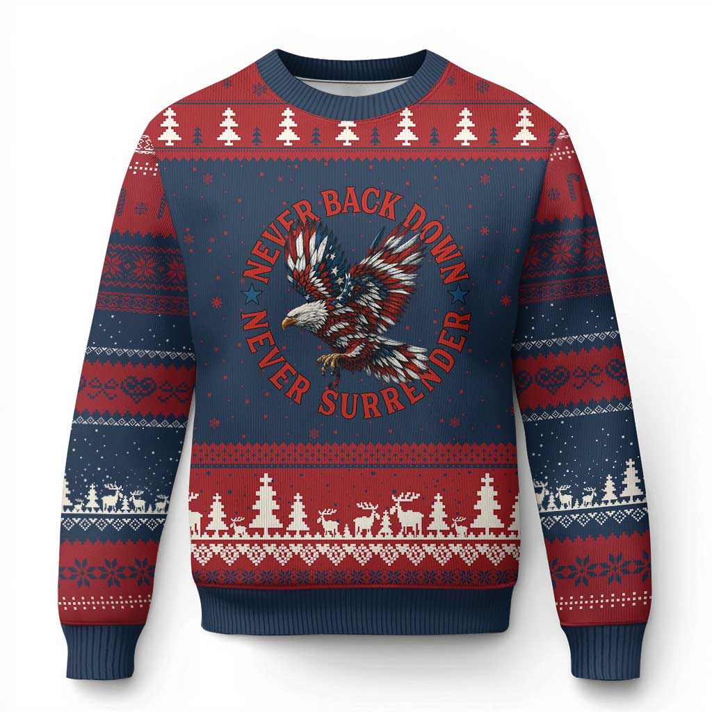 Patriotic American Eagle Graphic Ugly Christmas Sweater Never Back Down Never Surrender Memorial for Freedom Fighters TS02 Navy Red Print Your Wear
