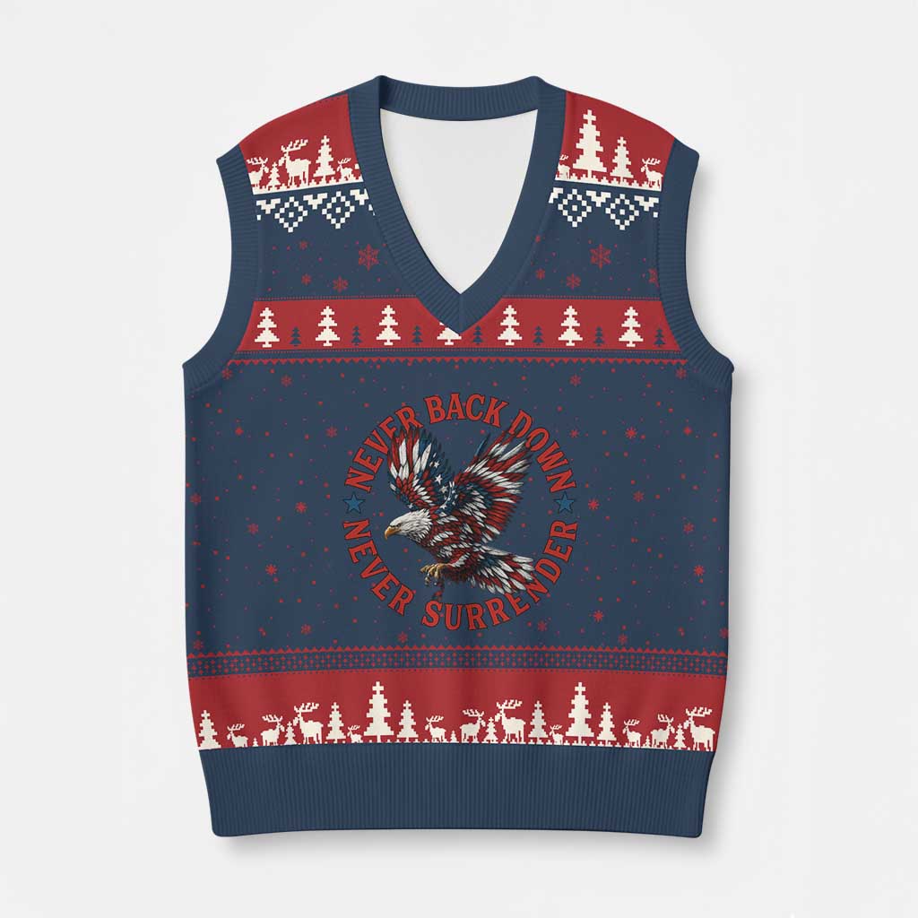Patriotic American Eagle Graphic V-Neck Knit Sweater Vest Never Back Down Never Surrender Memorial for Freedom Fighters TS02 Navy Red Print Your Wear
