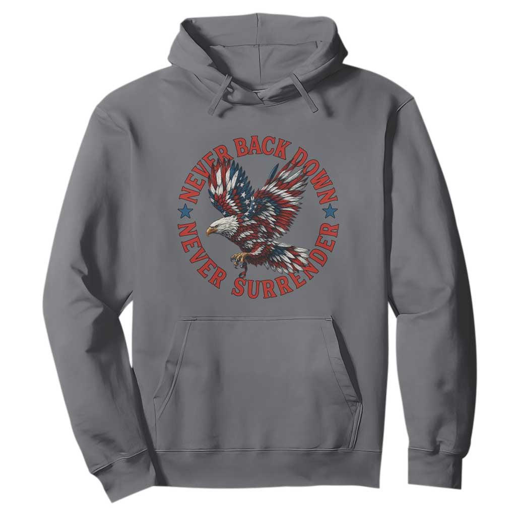 Patriotic American Eagle Graphic Hoodie Never Back Down Never Surrender Memorial for Freedom Fighters TS02 Charcoal Print Your Wear