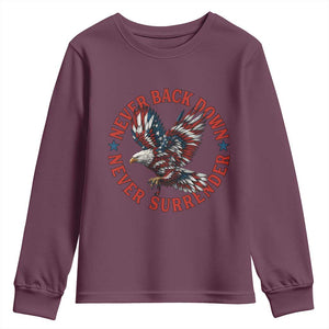 Patriotic American Eagle Graphic Youth Sweatshirt Never Back Down Never Surrender Memorial for Freedom Fighters TS02 Maroon Print Your Wear