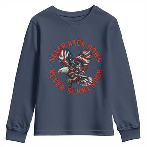 Patriotic American Eagle Graphic Youth Sweatshirt Never Back Down Never Surrender Memorial for Freedom Fighters TS02 Navy Print Your Wear