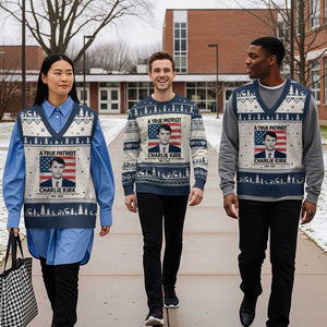 A True Patriot Memorial V-Neck Knit Sweater Vest Charlie Kirk Legacy The Greatness of Our Nation TS02 Beige Navy Print Your Wear