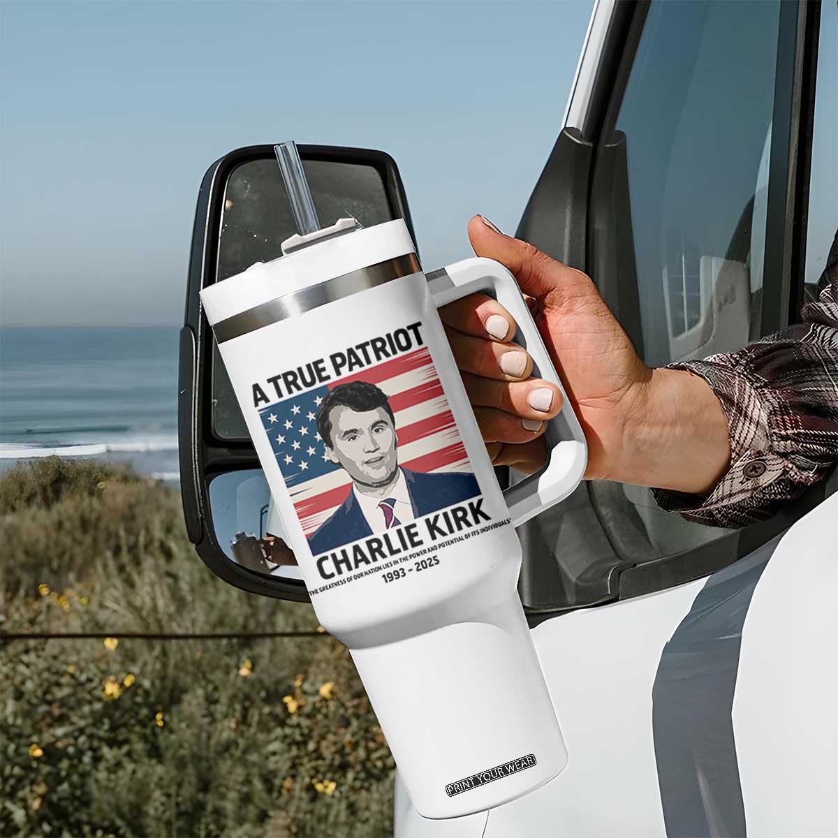 A True Patriot Memorial Tumbler With Handle Charlie Kirk Legacy The Greatness of Our Nation TS02 Print Your Wear