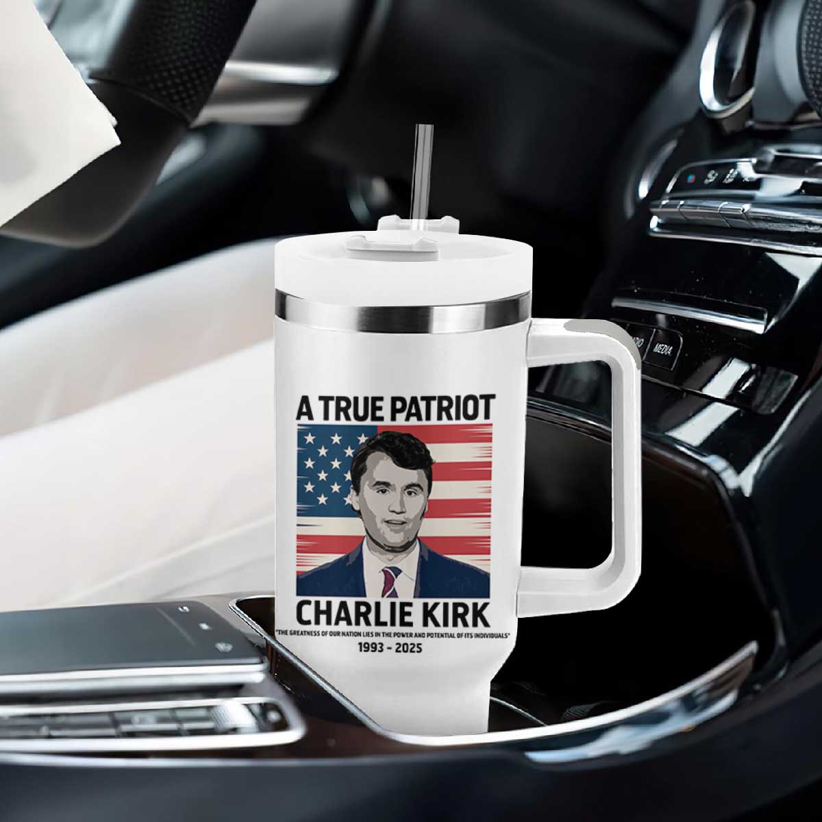 A True Patriot Memorial Tumbler With Handle Charlie Kirk Legacy The Greatness of Our Nation TS02 Print Your Wear