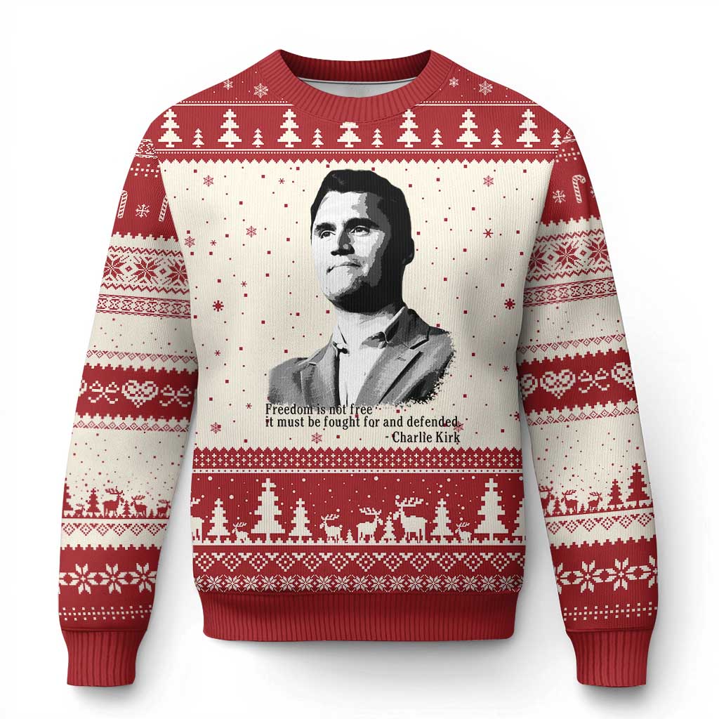 Freedom Is Not Free Ugly Christmas Sweater Defender of Liberty Charlie Kirk Tribute TS02 Beige Red Print Your Wear