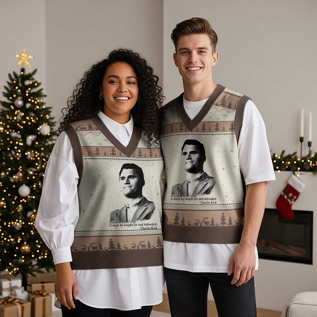 Freedom Is Not Free V-Neck Knit Sweater Vest Defender of Liberty Charlie Kirk Tribute TS02 Mocha Mousse Print Your Wear