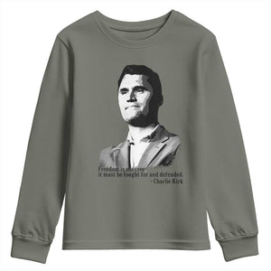 Freedom Is Not Free Youth Sweatshirt Defender of Liberty Charlie Kirk Tribute TS02 Military Green Print Your Wear