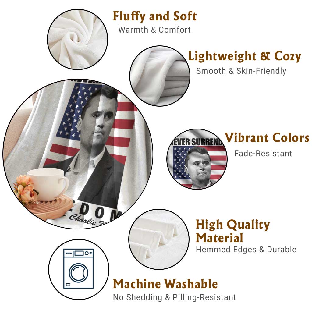 Never Surrender Freedom Throw Blanket Patriotic Charlie Kirk Tribute American Flag TS02 Print Your Wear