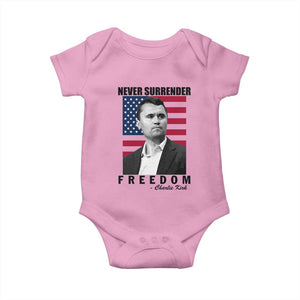Never Surrender Freedom Baby Onesie Patriotic Charlie Kirk Tribute American Flag TS02 Light Pink Print Your Wear