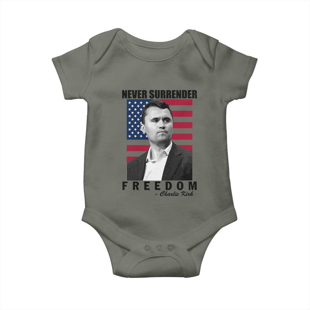 Never Surrender Freedom Baby Onesie Patriotic Charlie Kirk Tribute American Flag TS02 Military Green Print Your Wear