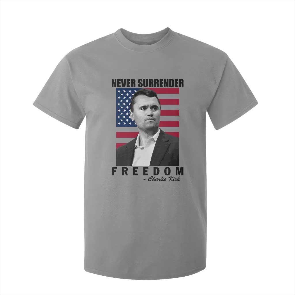Never Surrender Freedom T Shirt For Kid Patriotic Charlie Kirk Tribute American Flag TS02 Sport Gray Print Your Wear