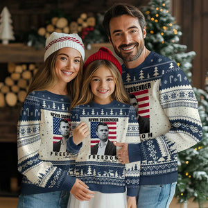 Never Surrender Freedom Ugly Christmas Sweater Patriotic Charlie Kirk Tribute American Flag TS02 Beige Navy Print Your Wear