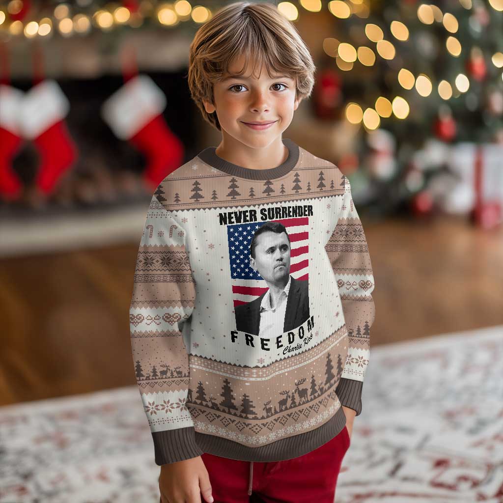 Never Surrender Freedom Ugly Christmas Sweater Patriotic Charlie Kirk Tribute American Flag TS02 Mocha Mousse Print Your Wear