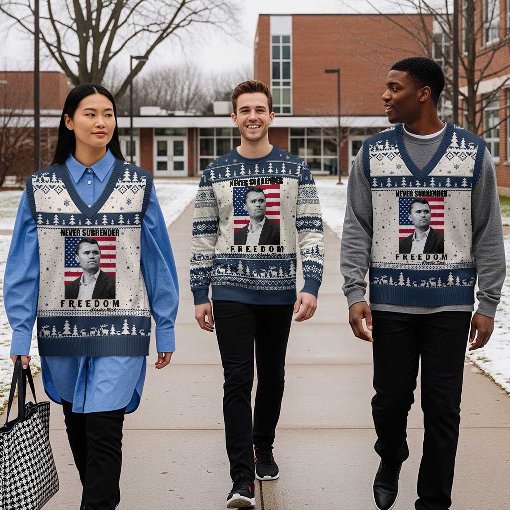 Never Surrender Freedom V-Neck Knit Sweater Vest Patriotic Charlie Kirk Tribute American Flag TS02 Beige Navy Print Your Wear