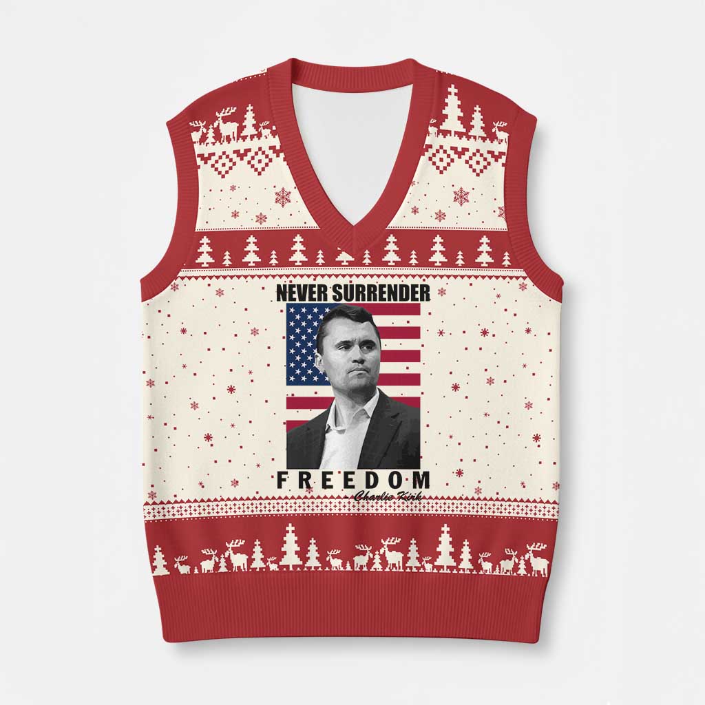 Never Surrender Freedom V-Neck Knit Sweater Vest Patriotic Charlie Kirk Tribute American Flag TS02 Beige Red Print Your Wear