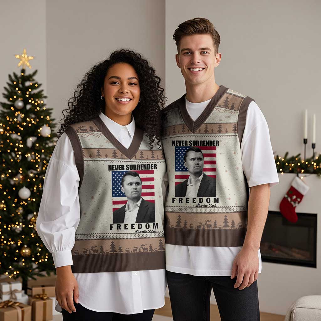 Never Surrender Freedom V-Neck Knit Sweater Vest Patriotic Charlie Kirk Tribute American Flag TS02 Mocha Mousse Print Your Wear
