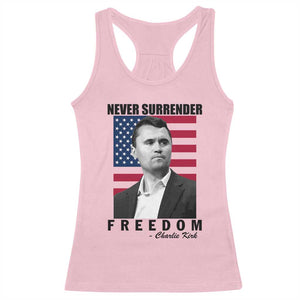 Never Surrender Freedom Racerback Tank Top Patriotic Charlie Kirk Tribute American Flag TS02 Light Pink Print Your Wear