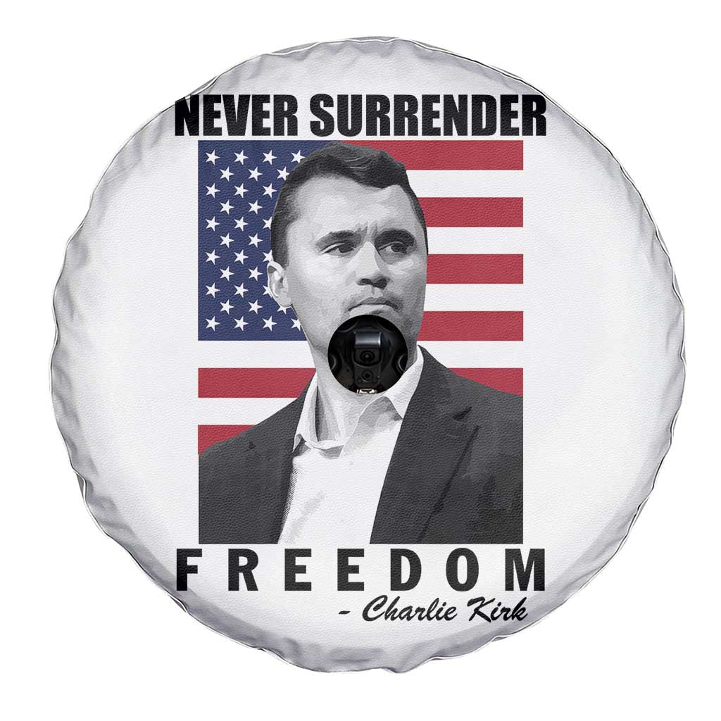 Never Surrender Freedom Spare Tire Cover Patriotic Charlie Kirk Tribute American Flag TS02 Print Your Wear
