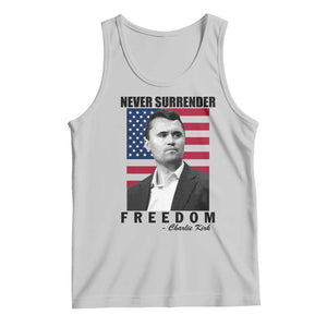 Never Surrender Freedom Tank Top Patriotic Charlie Kirk Tribute American Flag TS02 Ash Print Your Wear