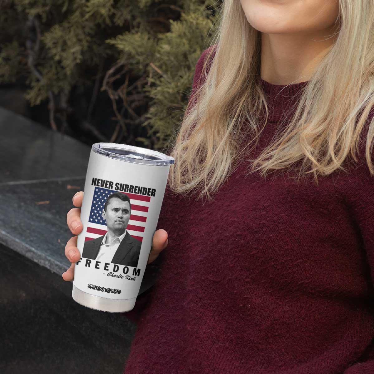 Never Surrender Freedom Tumbler Cup Patriotic Charlie Kirk Tribute American Flag TS02 Print Your Wear