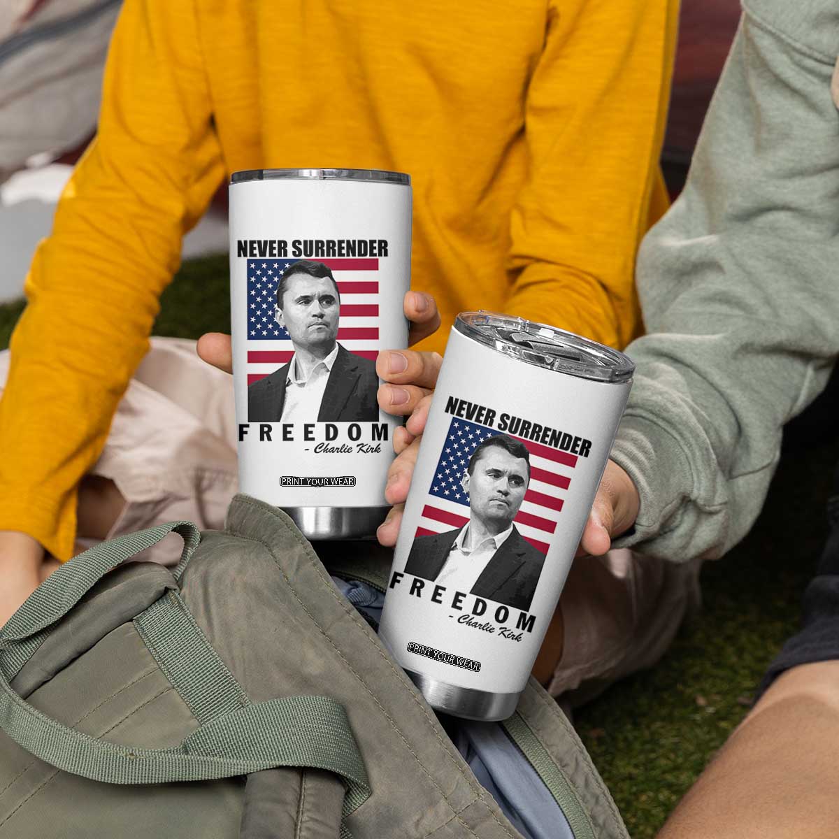 Never Surrender Freedom Tumbler Cup Patriotic Charlie Kirk Tribute American Flag TS02 Print Your Wear