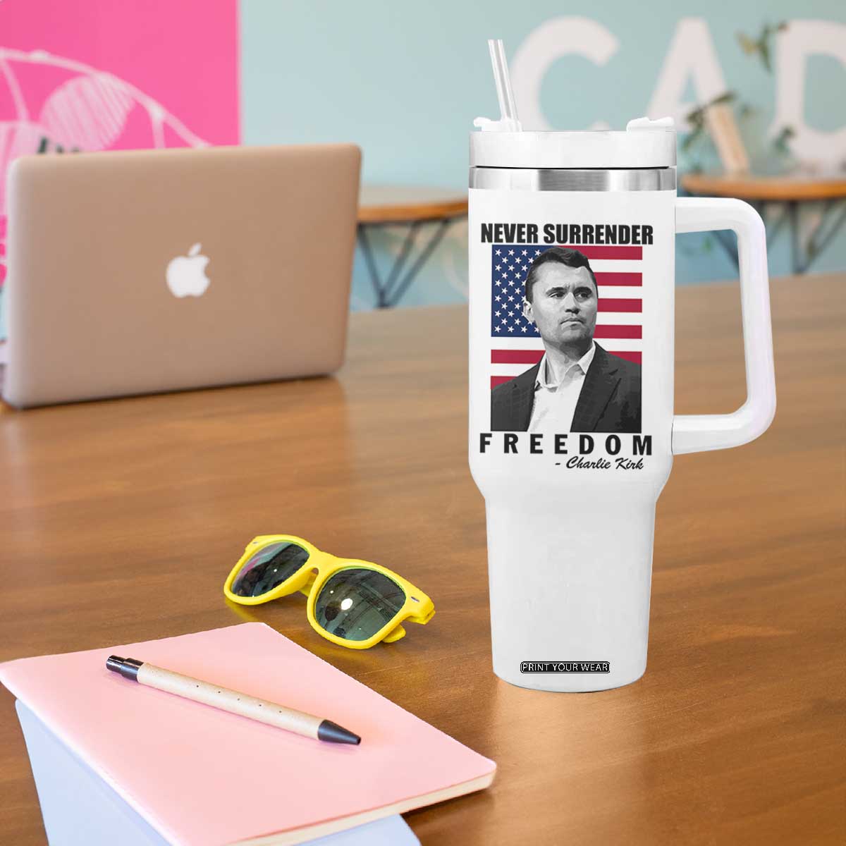 Never Surrender Freedom Tumbler With Handle Patriotic Charlie Kirk Tribute American Flag TS02 Print Your Wear