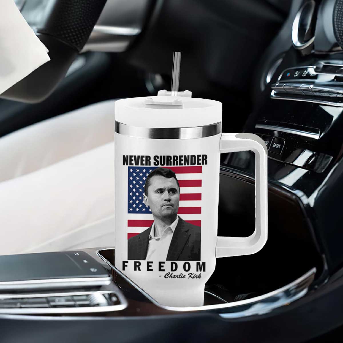 Never Surrender Freedom Tumbler With Handle Patriotic Charlie Kirk Tribute American Flag TS02 Print Your Wear