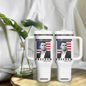 Never Surrender Freedom Tumbler With Handle Patriotic Charlie Kirk Tribute American Flag TS02 Print Your Wear