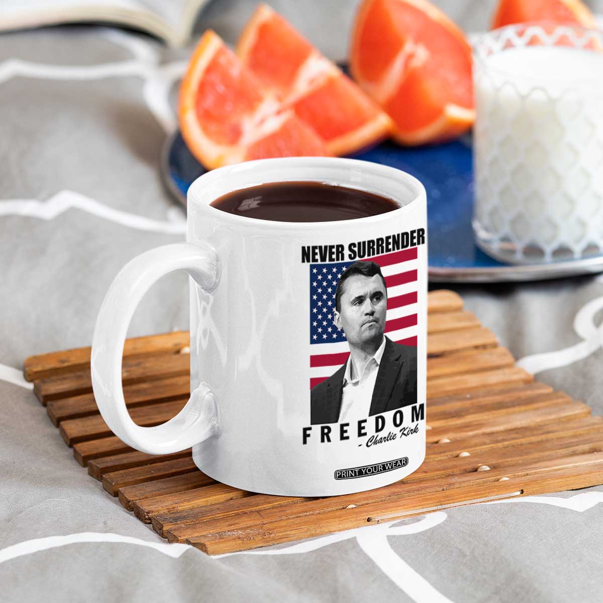 Never Surrender Freedom Coffee Mug Patriotic Charlie Kirk Tribute American Flag TS02 Print Your Wear