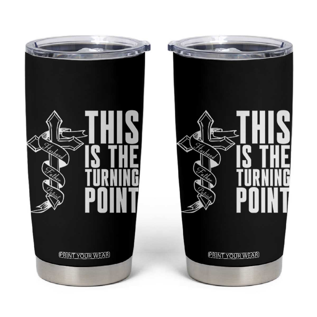 This is the Turning Point Tumbler Cup Husband Father Patriot Charlie Kirk Tribute Christian Faith TS02 Black Print Your Wear