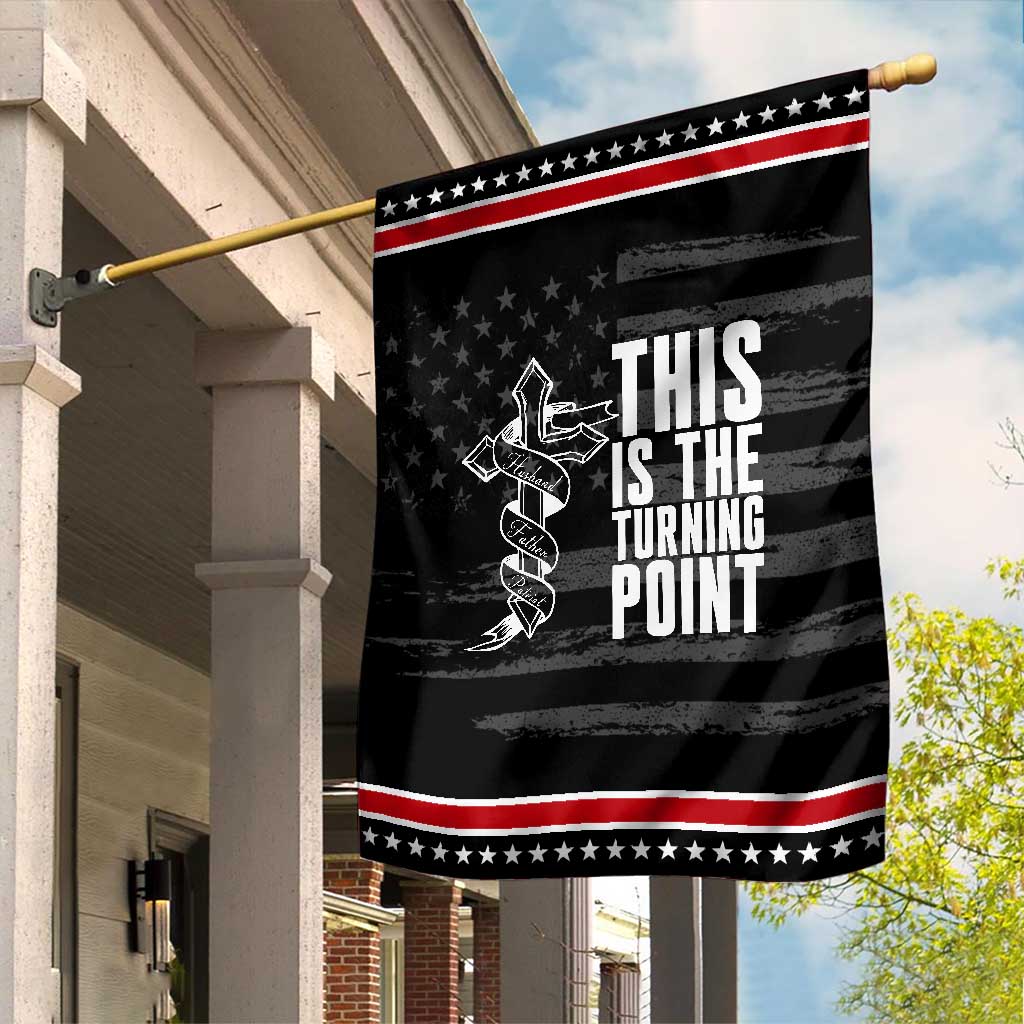 This is the Turning Point Garden Flag Husband Father Patriot Charlie Kirk Tribute Christian Faith TS02 Distressed Black Red Print Your Wear