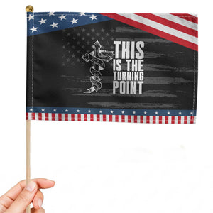 This is the Turning Point Patriotic Handheld Flag Husband Father Patriot Charlie Kirk Tribute Christian Faith TS02 Distressed 8.2" × 5.5" Black Blue Print Your Wear
