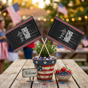 This is the Turning Point Patriotic Handheld Flag Husband Father Patriot Charlie Kirk Tribute Christian Faith TS02 Distressed 8.2" × 5.5" Black Red Print Your Wear