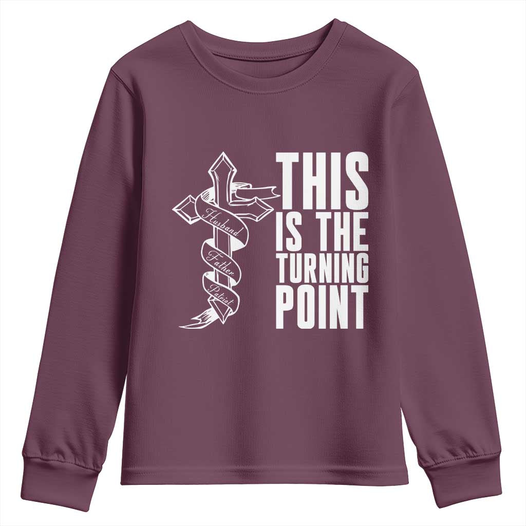This is the Turning Point Youth Sweatshirt Husband Father Patriot Charlie Kirk Tribute Christian Faith TS02 Maroon Print Your Wear