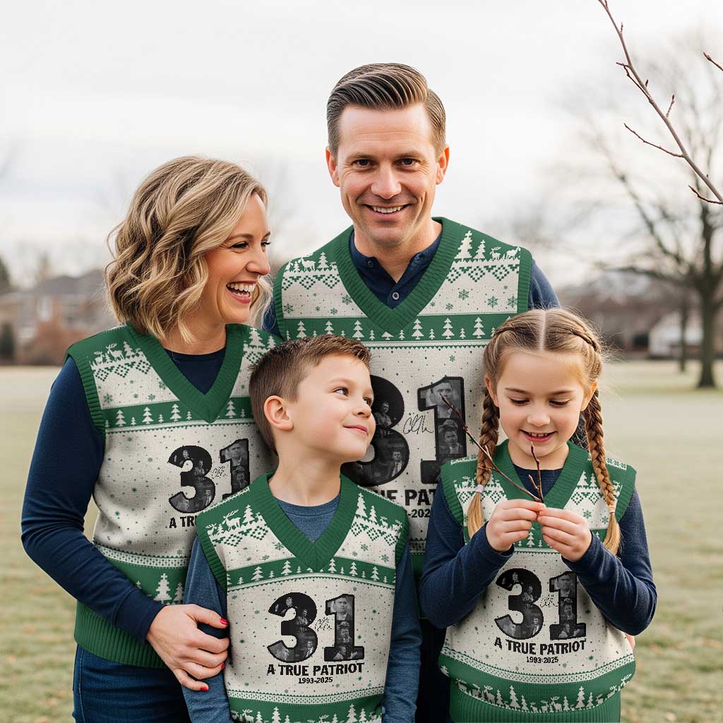 Freedom Number 31 Tribute Graphic V-Neck Knit Sweater Vest Thank You Charlie Kirk A True Patriot Memorial TS02 Beige Green Print Your Wear