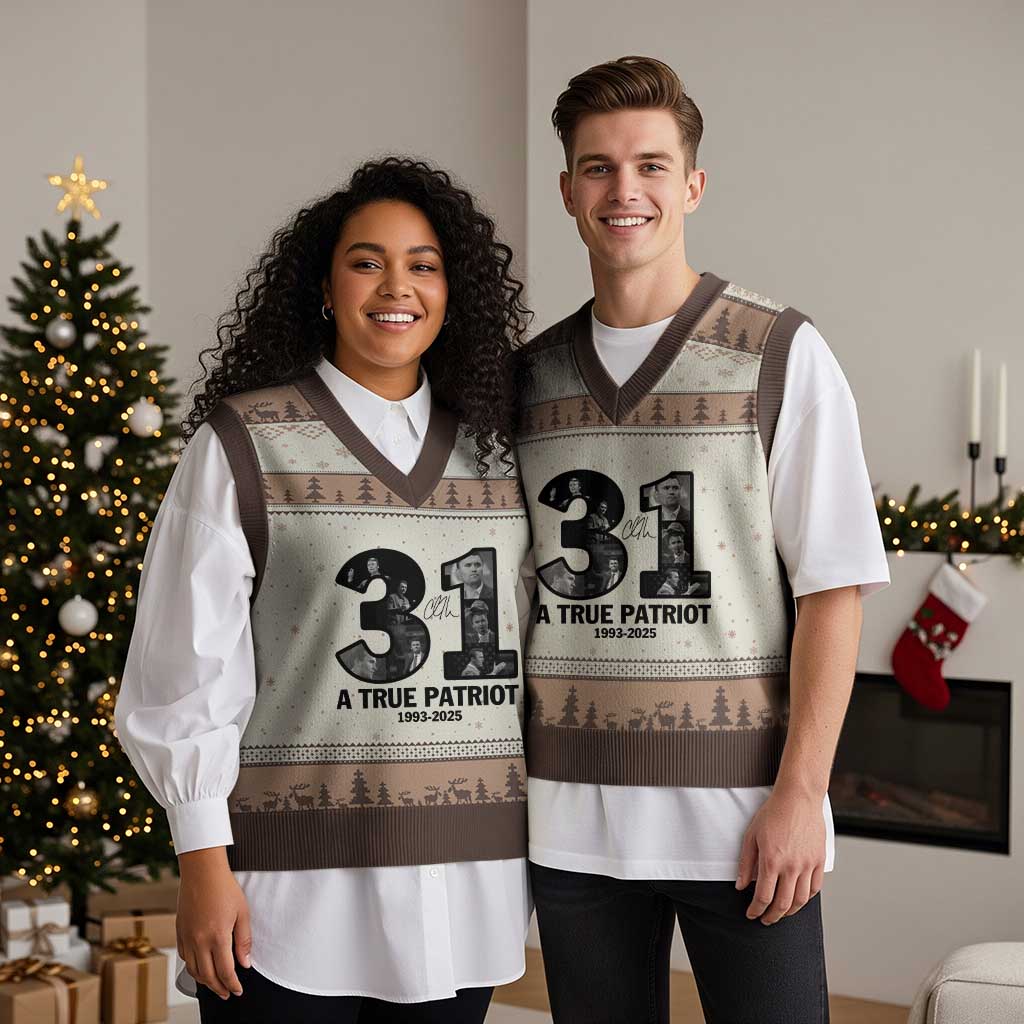 Freedom Number 31 Tribute Graphic V-Neck Knit Sweater Vest Thank You Charlie Kirk A True Patriot Memorial TS02 Mocha Mousse Print Your Wear