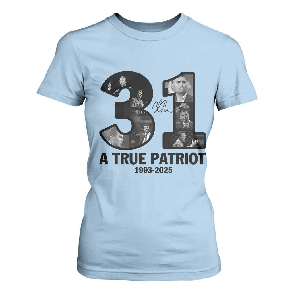Freedom Number 31 Tribute Graphic T Shirt For Women Thank You Charlie Kirk A True Patriot Memorial TS02 Light Blue Print Your Wear