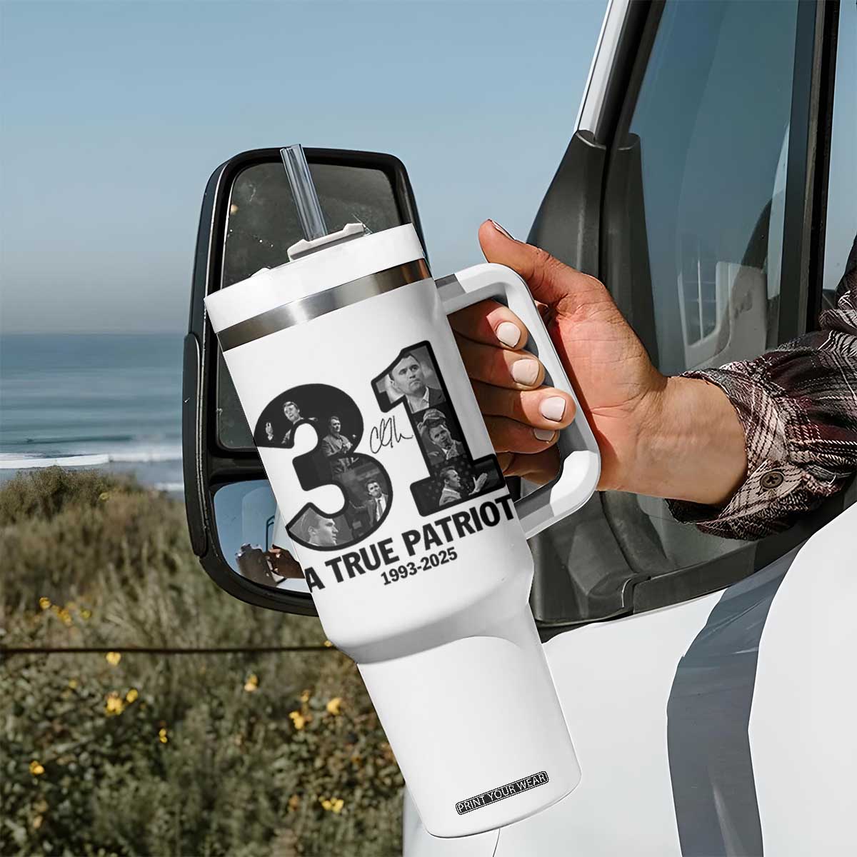 Freedom Number 31 Tribute Graphic Tumbler With Handle Thank You Charlie Kirk A True Patriot Memorial TS02 Print Your Wear