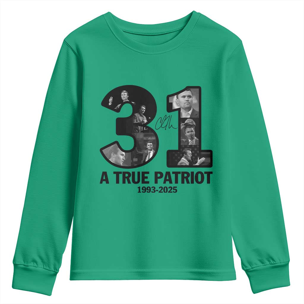Freedom Number 31 Tribute Graphic Youth Sweatshirt Thank You Charlie Kirk A True Patriot Memorial TS02 Irish Green Print Your Wear