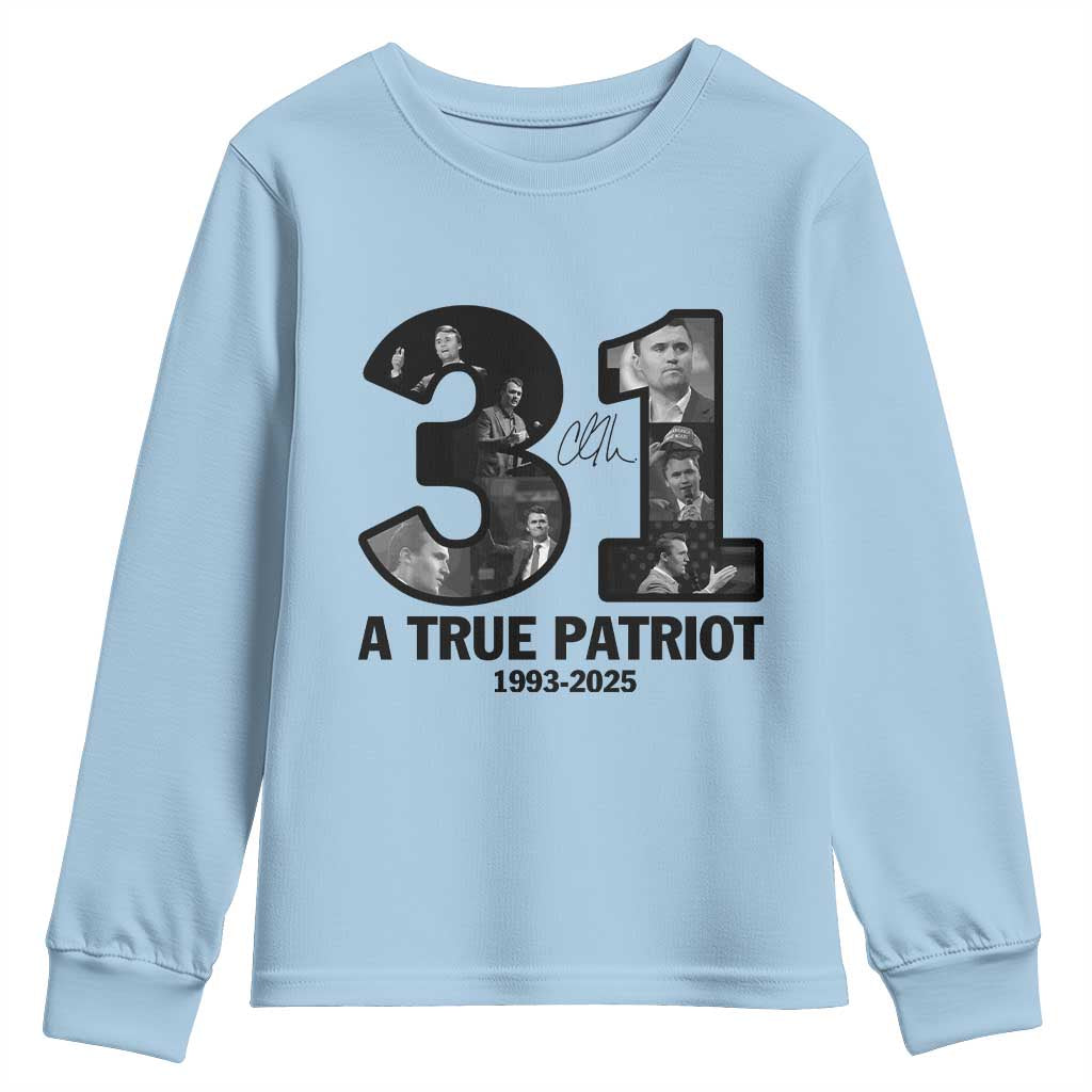 Freedom Number 31 Tribute Graphic Youth Sweatshirt Thank You Charlie Kirk A True Patriot Memorial TS02 Light Blue Print Your Wear